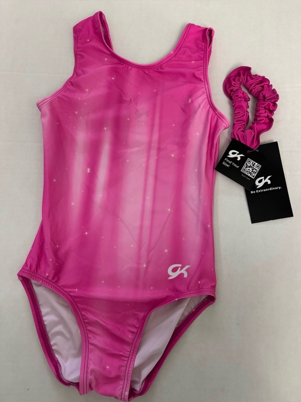 New! GK Adult Gymnastics Tank Leotard+Scrunchie Pink Sparkle Elite Sportswear